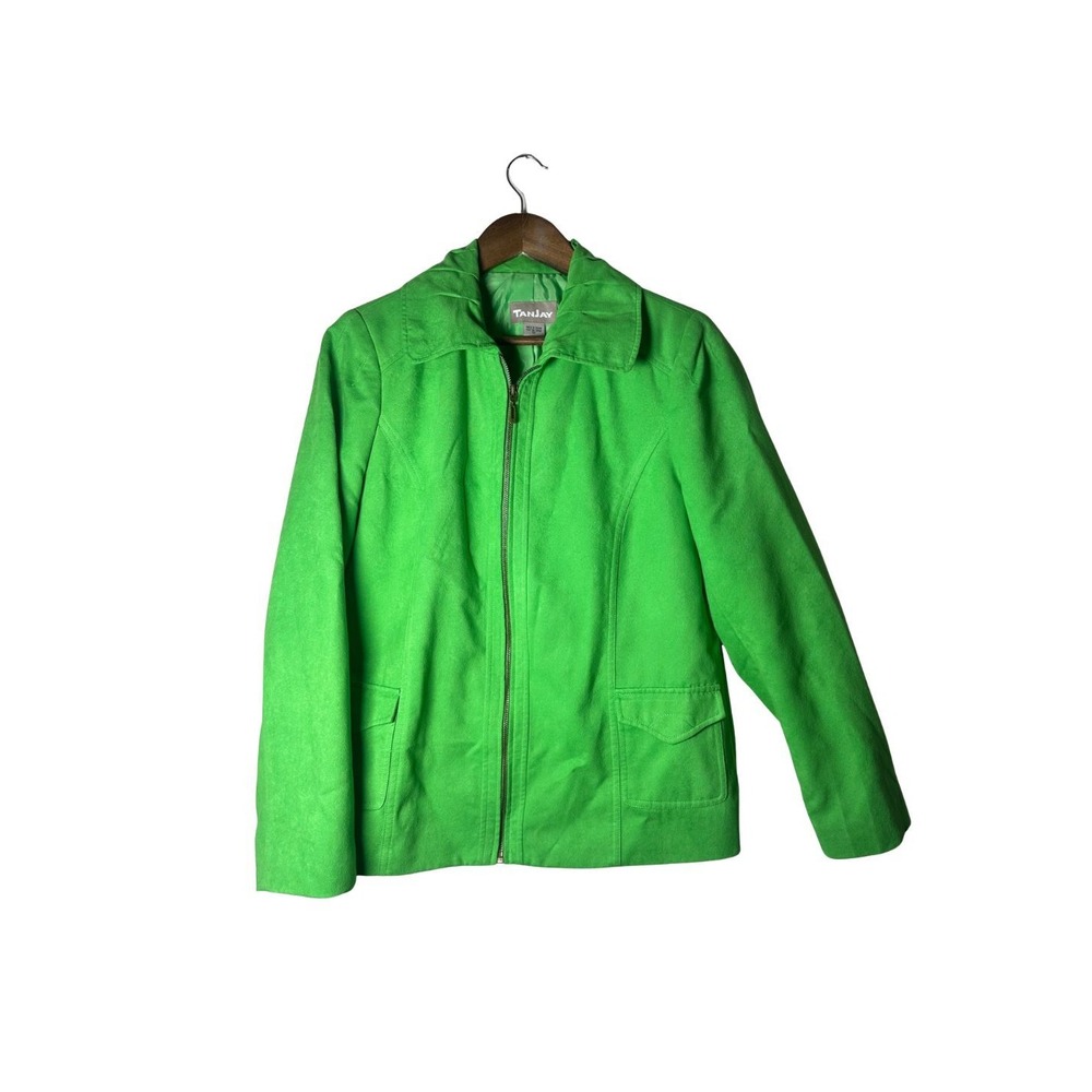 Vintage 90s Y2K Bright Apple Green Faux Suede Utility Zip Jacket TanJay Size 12